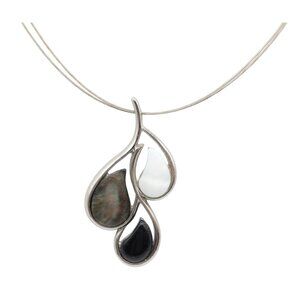 LIA SOPHIA Mother Of Pearl Onyx Abalone Leaf Pendant Silver Tone Wire Necklace